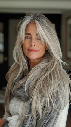 Makeup Grey Hair, Long Grey Hair, Shag Hair, Inspiring Hairstyles, Silver Haired Beauties, Grey White Hair