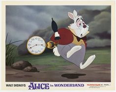 the rabbit is running with an alarm clock in his hand and he looks like he's ready to jump