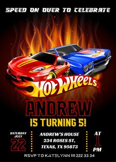 a birthday party flyer with two hot wheels cars