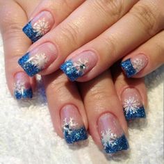 Celebrate the season with BMKKOT Christmas Nails! These 24Pcs short French tip press-on nails feature a glittery blue design, snowflake charms, and rhinestone accents. Perfect for creating a chic winter look. Easy to apply and long-lasting! ❄️💅 #ChristmasNails #WinterManicure #FrenchTips #SnowflakeNailArt #PressOnNails Silver Acrylic Nails, Snowflake Nail Design, Valentines Nail, Snowflake Nail, Winter Designs, Chic Nail Art, Snowflake Nail Art