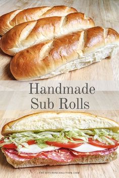 two sub rolls sitting on top of a wooden cutting board next to each other with the words handmade sub rolls above them