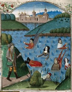 an illuminated manuscript with people swimming in the water and on land surrounded by other figures