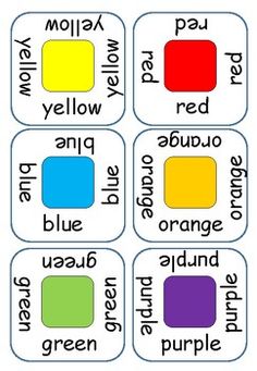 four color matching cards with different words