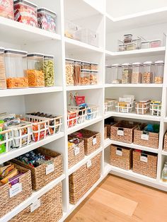 an organized pantry with baskets and food items