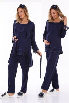 LohusaHamile Navy Blue Color Maternity Pajamas and Robe  Cotton Fabric There are 3 pieces of product in the package ( Maternity Pajamas and Maternity Robe ) This Products have breastfeeding feature Pajamas is long sleeved Adjustable at the waist There is a Belt in the Pachage it's a model that you can use after postpartum period Attention, There is no CROWN and SLIPPERS in the Package Size Range; if your weight's 60-71 Kilograms or 132-157 Ib, You Should buy size ''S'' Size Range; if your weight Blue Long Sleeve Home Sets, Blue Long Sleeve Sleep Sets, Blue Long Sleeve Pant Set For Loungewear, Blue Long Sleeve Loungewear Pant Set, Blue Matching Set Sleepwear, Blue Matching Pant Set For Loungewear, Blue Sleepwear Set, Postpartum Period, Womens Pajama