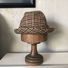 Vintage Tweed Fedora Hat Wool Houndstooth Check Burgundy Brown Beige Feather Mens Fall Herringbone Hat With Short Brim, Brown Tweed Hat For Fall, Classic Plaid Hat For Fall, Classic Plaid Hat With Short Brim, Classic Plaid Fall Hat, Retro Brown Wool Hat, Brown Tweed Hats With Herringbone Pattern, Plaid Wool Hats For Fall, Plaid Short Brim Hat For Fall