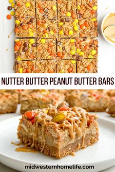 peanut butter bars are stacked on top of each other and topped with candy cornflakes