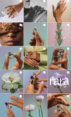 a collage of images showing different rings and flowers