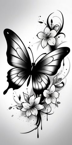 a black and white drawing of a butterfly with flowers on it's back side