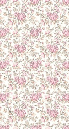 a white and pink floral wallpaper with many flowers on the bottom half of it