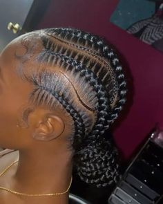 Braided Side Bun For Black Women, Stitch Braids With Small Braids In Between, Feedin Stitch Braids Black, Stitch All Back Cornrows, Stitches All Back Hairstyle, Straight Back Stitch Braids With Bun, Stitches Braids For Black Women, Stitched Braids Hairstyles, Stitch Braid Hairstyles For Black Women