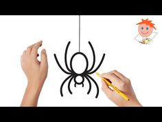 two hands are drawing a spider on a white background with a yellow marker and the other hand is holding a pencil