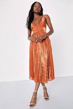 Romantic Aesthetic Shiny Rust Orange Pleated Midi Dress Rust Orange Dress, Trendy Party Dresses, Junior Party Dresses, Romantic Aesthetic, Orange Midi Dress, Dress With Pleats, Organza Dress, Tiered Midi Dress, Pleated Midi Dress