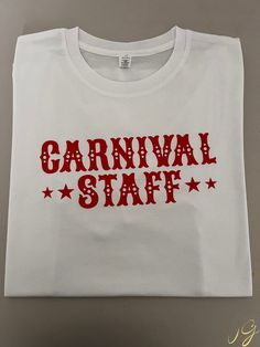 Carnival Staff Tshirt, Matching Birthday Family Shirt, Carnival Birthday Shirt, Carnival Shirt, Gift for family, Birthday Staff Shirt, WG-22 -----PRODUCT----- → Our solid color shirts such as White and Black are made of 100% Cotton. → Heather Colors are crafted from a cotton/polyester blend, offering a super comfy and soft feel! → Features a Short Sleeve Crew-Neck design, suitable for both men and women. → Crafted from soft, high-quality fabric with a sewn jersey construction. → Pre-shrunk for a Father's Day White T-shirt With Custom Print, Red T-shirt For Father's Day, Family Matching Red Custom Print T-shirt, White Screen Print Shirt For Birthday, Red Custom Print T-shirt For Father's Day, Custom Print Red T-shirt For Father's Day, Red T-shirt For Father's Day Gift, Red Letter Print T-shirt For Father's Day, Red Name Print T-shirt For Gift