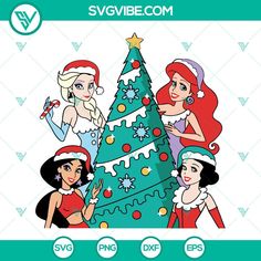 the little mermaids are standing in front of a christmas tree