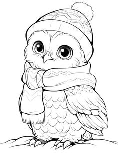 an owl with a scarf and hat on it's head is sitting in the snow