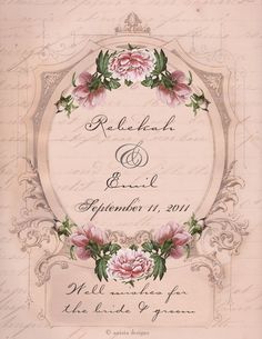 an old fashioned wedding card with pink flowers