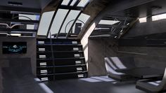 the interior of a futuristic looking vehicle with lots of windows and stairs leading up to it