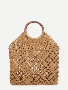 Woven Tote Bag With Ring Handle -SheIn(Sheinside) Macrame Crafts, Macrame Bags, Macrame Hanging Planter, Custom Handbags, Diy Tote Bag, Ring Handle, Woven Tote Bag