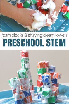 kids are playing with foam blocks and shaving cream towers in the process of making them