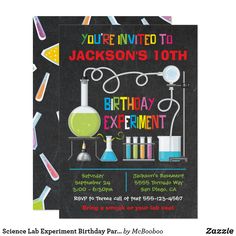 a science lab birthday party card with the words, you're invited to jackson's 10th birthday experiment