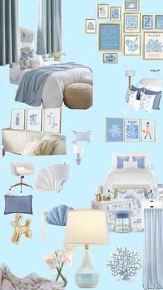 a collage of blue and white bedroom decor