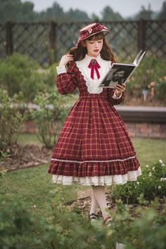 Rose Humanoid Plaid Pattern Ruffle Neckline Long Sleeves Lolita OP Sell Dresses, Retro Girl, Op Dress, Retro Girls, Check Dress, Vintage Plaid, One Piece Dress, Lolita Dress, Lolita Fashion