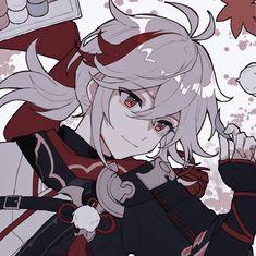 an anime character with white hair and red eyes, holding a knife in her hand