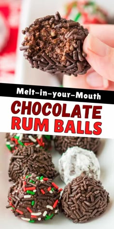 chocolate rum balls with sprinkles and white frosting in the middle on a plate