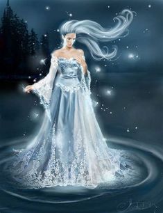 a painting of a woman in a blue dress standing in water with stars above her head