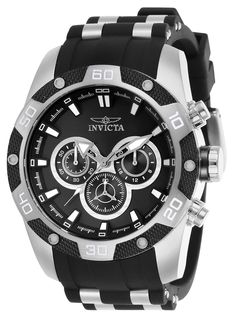 This beautiful Invicta Speedway watch contains a precise Quartz movement in addition to a steel case. Its face displays a black, metal dial protected by a highly resistant Flame Fusion Crystal. This timepiece is completed by a steel, black, stainless steel, silicone band and it offers water resistance of up to 100 m. Conveying time with the utmost sophistication while keeping in mind the needs of the active sportsman, the Invicta Speedway collection will effortlessly transpose into any journey. Black Stainless Steel Watches With Subdials, Black Stainless Steel Watch Accessories With Analog Display, Black Stainless Steel Chronograph Watch, Black Stainless Steel Chronograph Watch With Metal Dial, Black Chronograph Watch With 10atm Water Resistance, Black Stainless Steel Watch With Analog Display, Modern Black Watch With 10atm Water Resistance, Black Stainless Steel Analog Chronograph Watch, Mens Invicta Watches