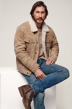 Embrace warmth in a uniquely American style with our Gabe shearling jean jacket. Artisan-crafted in rich French sheepskin, Gabe has all the qualities you would expect in a favorite wardrobe mainstay. Worn with denim, chambray shirts, or corduroy sweaters, the Gabe sheepskin jacket may very well likely become an everyday companion. Casual Sheepskin Leather Jacket For Winter, Casual Sheepskin Long Sleeve Outerwear, Casual Sheepskin Outerwear With Long Sleeves, Casual Long Sleeve Sheepskin Outerwear, Winter Sheepskin Leather Jacket With Pockets, Fitted Shearling Outerwear With Padded Collar, Casual Brown Sheepskin Outerwear, Casual Shearling Leather Jacket For Fall, Rugged Sheepskin Long Sleeve Outerwear