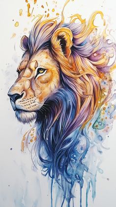 a painting of a lion's head with blue and yellow streaks