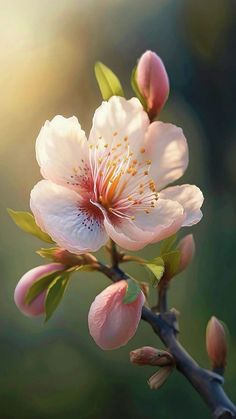 pink flowers are blooming on a branch with green leaves and sunlight shining in the background