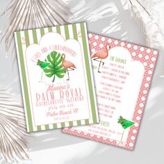 two pink and green wedding cards with flamingos on them next to some palm leaves