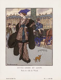 an illustration of a woman walking down the street in front of a horse drawn carriage