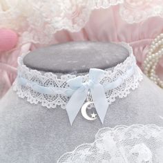 Little Crescent Moon Choker Necklace White Lace baby blue bow , collar pastel cute Romantic Fashion Everyday jewelry ♡ Width 2.5 cm ♡ Width 30cm / 35 cm + 5 cm tail Blue Aesthetic Accessories, Cloud Accessories, Baby Blue Jewelry, Cute Chokers, Moon Choker Necklace, Female Accessories, Moon Choker, Pastel Jewelry, Romantic Fashion