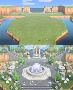 two views of a park with a fountain and flowers