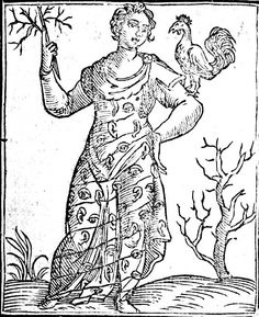 a drawing of a woman holding a bird in her right hand, with trees and branches behind her