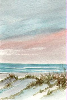 watercolor painting of beach scene with sand dunes and pink sky