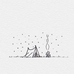 a drawing of a tent in the snow with a kite flying over it and stars above