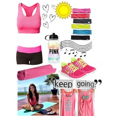 a woman in pink top and black shorts sitting on yoga mat next to water bottle