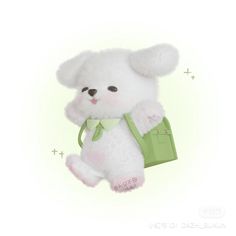 a white teddy bear holding a green bag