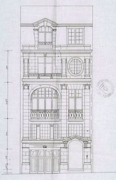 an architectural drawing of a two - story building with balconies and arched windows