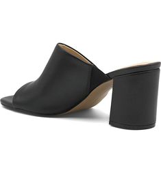 Chic Slip-on Open Toe Heels, Sleek Mules With Wrapped Heel And Open Back, Chic Slip-on Block Heels, Modern Slip-on Mules With Heel Loop, Sleek Formal Open Toe Mules, Sleek Open Toe Mules For Formal Occasions, Sleek Open Toe Mules For Formal Events, Classic Open Toe Mules For Party, Modern Mules With Block Heel And Heel Loop