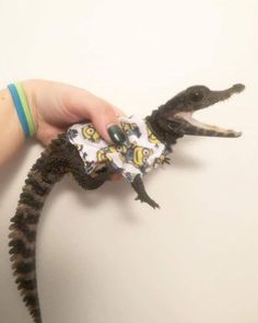 a person holding an alligator toy in their hand