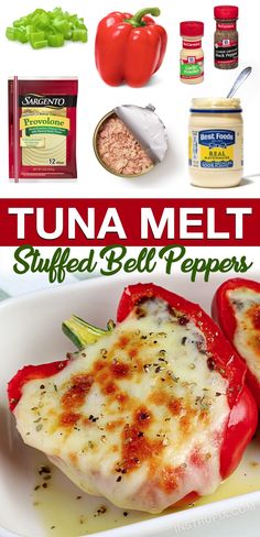 there are some stuffed bell peppers in the bowl and on the table with other ingredients