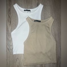 Two Set Of The Zara Tank Tops Never Worn Before!!! White And Cream, Both Size S And In Perfect Condition. Affordable Zara Crop Top, Zara Set, Zara Tweed, Zara Tank Top, Strappy Tank Tops, Green Tank Top, Crochet Halter Tops, Grey Tank Top, Zara White