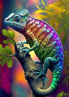 a colorful chamelon sitting on top of a tree branch