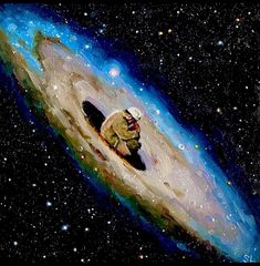 a painting of a cat sitting on top of a large object in the middle of space